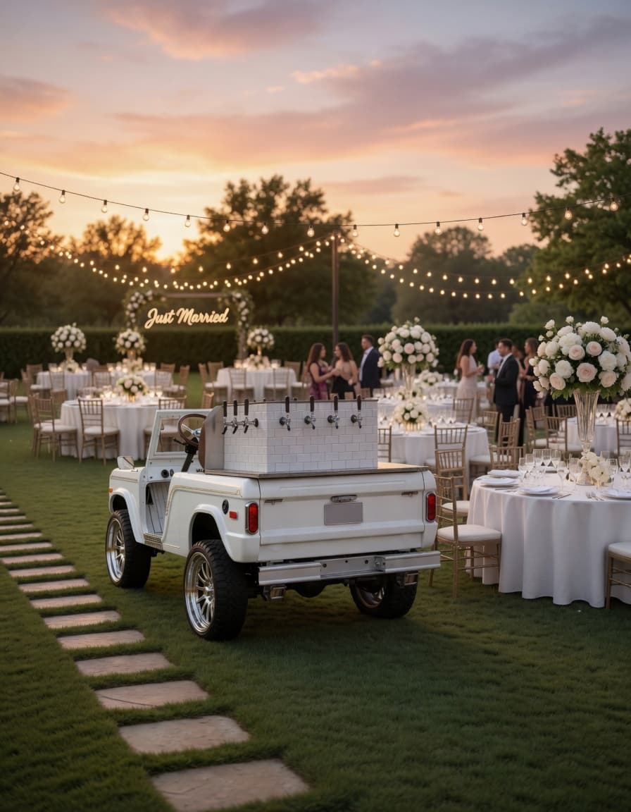Vintage Bar Co cart at an outdoor wedding reception