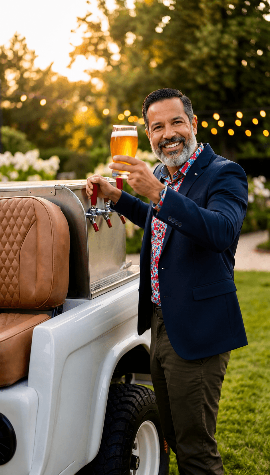 A Vintage Bar Co. operator pouring a draft beer at a branded mobile bar cart